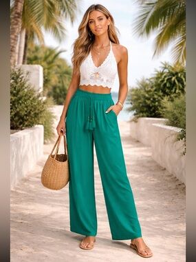 Monsoon Beach Plain Wide Leg In LENZING ECOVERO Teal Pants Size L